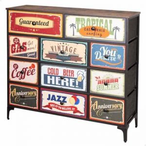 AKTIVE Max Home Commode de Chambre à Coucher Polyvalente, Graphisme Rétro et Vintage, 11 Tiroirs en Tissu Léger, 103X30X98 cm, Structure en Acier, Dessus en Bois, Tables de Chevet