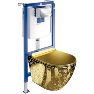 Domino VILLEROY&BOCH ViConnect H112 WC - Bâti-support avec plaque de commande argent + Lavita WC Sofi Slim Golden Eye Bol dorée sans bord Kit complet WC