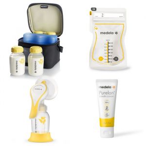 Medela Kit Allaitement Complet - Tire-lait Manuel Harmony Flex + Cooler Bag avec 4 Biberons + Sachets Conservation Easy Pour x50 + Crème