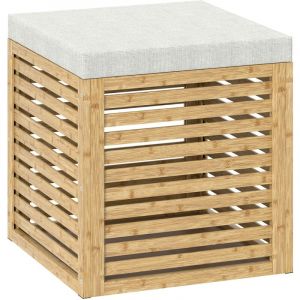 Homcom Pouf coffre style cosy chic - lattes bambou verni - coussin toucher lin gris clair