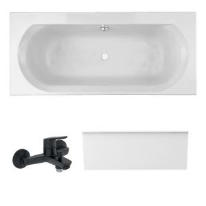 Jacob Delafon Pack baignoire droite 180 x 80 Elise + tablier en niche + mitigeur bain douche mural Aimé noir + vidage