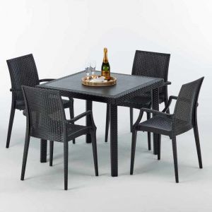 Image de Grand Soleil Table carrée et 4 chaises Poly rotin resine bar bistrot cafè exterieur 90x90 noir | Bistrot Arm Anthracite noir