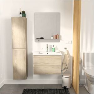 Mob-in - Meuble simple vasque 60cm avec vasque, miroir et colonne sorrento D&eacute;cor ch&ecirc;ne - D&eacute;cor ch&ecirc;ne