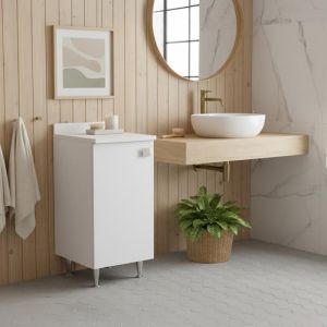 The White Stone Meuble Bas 1 Porte Gauche Blanc - Armoire Gain de Place Moderne avec &Eacute;tag&egrave;re R&eacute;glable - Livr&eacute; Mont&eacute; pour Salle de Bain, Buanderie,