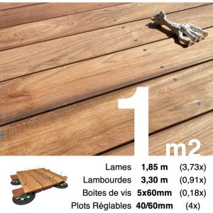 Kit complet terrasse bois exotique JATOBA pour 1 m², Lames 1,85 m, lambourdes 2,75 m, plots réglables et visserie Inox