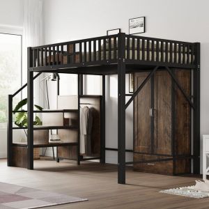 Lit mezzanine en m&eacute;tal 140 x 200 cm - Avec penderie - 1 tiroir - Avec &eacute;chelle de rangement - Noir (matelas non inclus)