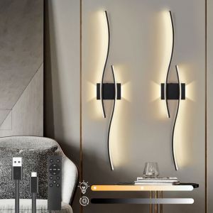 2 Applique Murale led Moderne,Design Incurvée,Rechargeable, Température 3000-6000k Réglable,Télécommande pour Chambre/Salon/Entrée