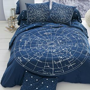 Drap plat coton motifs CONSTELLATION Bleu marine