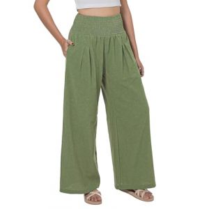 Lofbaz Femme Pantalon Large Été en Coton et Lin Fluide Palazzo Plage Taille Haute Bohème Long Pantalon de Salon avec Poches Vert Sauge S