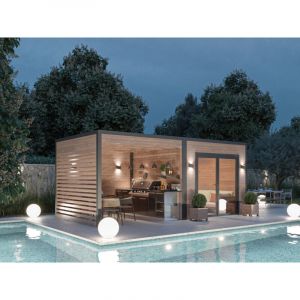 Poolhouse Design 17,5m2 - Bois Douglas Epaisseur 55mm - Baie Vitree Alu - Toiture Acier Avec Voliges