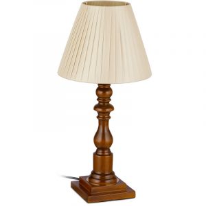 Relaxdays Lampe de table, pied bois & abat-jour tissu, douille E27, &eacute;clairage r&eacute;tro pour chambre,HxD: 47x22,5 cm, marron