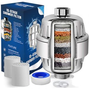 Filtre Douche Anti Calcaire &agrave; 15 &Eacute;tapes Avec Vitamine C - Filtre de Douche Haut D&eacute;bit pour &Eacute;liminer le Chlore et Fluorure - 2 Cartouches Incluses