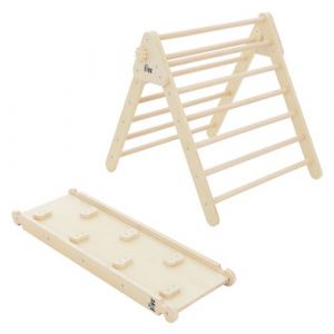 Joyz Structure d'Escalade avec Triangle à Grimper et Toboggan, en Bois, Naturel, Échelle à Grimper avec Rampe d'Escalade, pour Intérieur, Enfants à Partir de 1 An, Jouet Éducatif Montessori