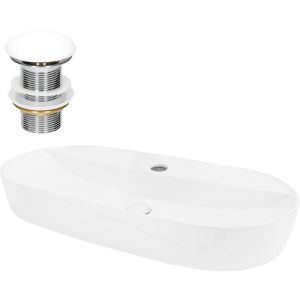 Lavabo en Céramique, Blanc, 80x40x12 cm, Forme Ovale, Garniture de Vidage 1 1/4, Vasque á Poser, Design Moderne, Lavabo à Main, Lavabo de Comptoir