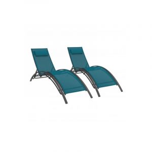 Idmarket Lot de 2 transats de jardin inclinables en acier HAVANE gris anthracite et toile bleu canard avec coussin