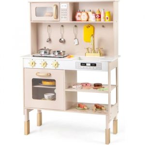 COSTWAY Cuisine Enfants en Bois avec 11 Accessoires & Lumi&egrave;res & Sons, Jeu de Cuisine Enfant avec Micro-Ondes & &Eacute;tag&egrave;res, Hauteur R&eacute;glable, Jouet
