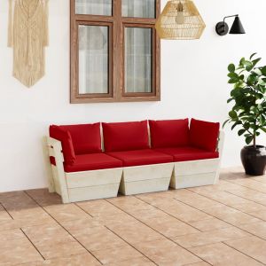 VidaXL Canapé palette à 3 places de jardin avec coussins Bois d'épicéa - Rouge