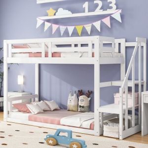 Lit cabane Lit d'enfant 90x200 cm lit superposé inférieur avec escalier de sécurité cadre de lit double en bois massif Lit enfant blanc - Blanc