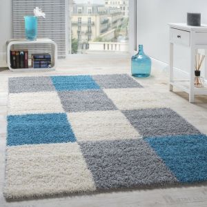 Paco Home - Tapis Shaggy Poils Hauts Longs Motif &agrave; Carreaux Dans Diff&eacute;rents Coloris 160x220 cm, Turquoise