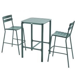 Oviala Table haute de terrasse avec 2 chaises en aluminium vert foncé