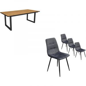 Ensemble Meubles, Table manger, 200, Chêne et noir, industriel, Lot de 4 chaises de salle à manger, Chaise tapissée - Skraut Home