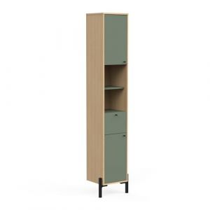 Calicosy Colonne De Salle Bain avec Rangements, 3 Etagères & 1 Tiroir Waterproof en Bois – Gamme Elisa Made in France – Coloris Vert Minéral & Chêne Vincenza - 39 x 202 x 33 cm