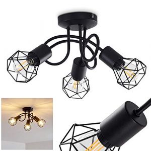 Hofstein Plafonnier Baripada en métal noir, 3 élégants spots vintages idéal dans un salon rétro, l'abat-jour créé un jeu lumineux au plafond, pour 3 ampoules E14 max. 40 Watt, compatible ampoules LED
