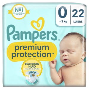 Pampers Premium Protection Taille 0, Couches x22, <3kg, Double Protection pour la peau et contre les fuites
