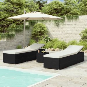 VidaXL Chaises longues de jardin table à thé 3 pcs Résine tressée Noir.