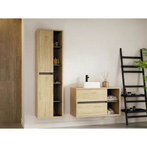 Meuble de salle de bain suspendu avec vasque et colonne - 100 cm - Coloris naturel - PURNAL
