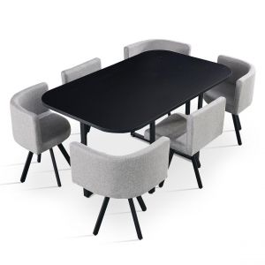 Table rectangulaire avec 6 chaises gain de place Oslo Noir et Tissu Gris