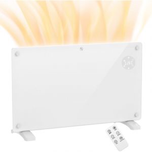 Radiateur à convection 1500W mural autoportant - affichage LED, timer 24h, thermostat, télécommande - verre blanc