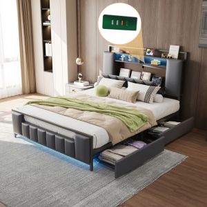 Lit adulte 140x200 cm avec 4 tiroirs de rangements, lit adolescent avec led, prise usb, cadre de lit en fer, simili cuir, gris