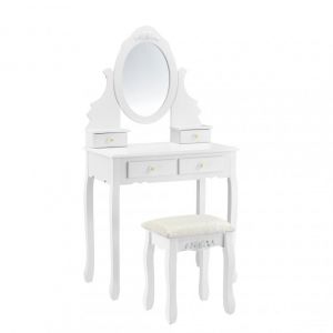 Image de Coiffeuse table de maquillage miroir 4 tiroirs tabouret MDF et bois 141 cm blanc 03_0001499