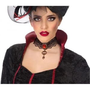 Ruedelafete Collier dentelle noire et pierre rouge - Halloween
