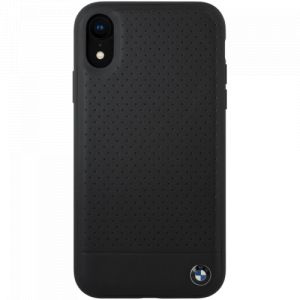 BMW Coque en cuir v&eacute;ritable perfor&eacute; pour Apple iPhone XR, Noir