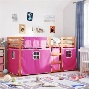 VidaXL Lit superpos&eacute; avec rideaux rose 90x200 cm bois pin massif, lit, cadre de lit, lit superpos&eacute; bas, meuble de chambre &agrave; coucher