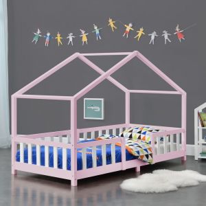 Image de Lit d'Enfant Forme Maison avec Grille de Protection Treviolo 200 x 90 cm Rose Blanc Mat Laqué [en casa]