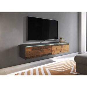 Meuble tv contemporain anthracite et chêne vieilli foncé avec led 2 portes malorie - 180 cm - bois foncé