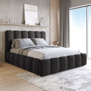 MEUBLER DESIGN Lit En Velours Avec T&ecirc;te De Lit Matelass&eacute;e Et Coffre De Rangement Buble - Velours Noir - 140x190, Style, x x cm