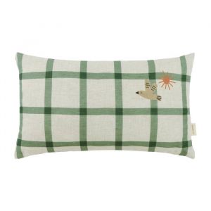 NOBODINOZ Coussin 44 x 25 cm en lin français - Carreaux verts motif oiseau | lin | ldécoration | moment convivial
