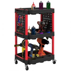 Homcom Servante chariot d'atelier multi-rangement 3 niveaux 2 panneaux perforés crochets rouge noir