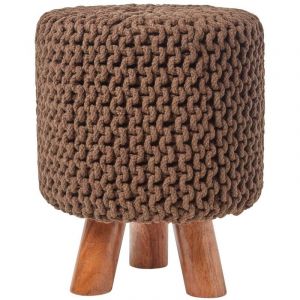 Homescapes Pouf tressé en tricot et pieds en bois - Chocolat