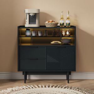 Urban Meuble - Buffet noir motifs g&eacute;om&eacute;triques avec &eacute;clairage led 80x35x80cm
