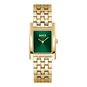 Boss Effect Montre À Mouvement Quartz Deux Aiguilles pour Femme Collection Lucy avec à Boîtier Rectangulaire et Bracelet en Acier Inoxydable de Couleur Dorée