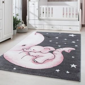 Carpetsale24 Tapis pour Enfants, Couleur Rose, Conception d'éléphant, 16089, Tapis Coureur, Tapis Chambre d'enfant Chambre bébé, 80 x 150 cm