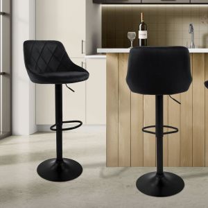 Ml-design - Lot de 2 Tabourets de Bar en Velours, Noir, Chaise Rembourr&eacute;e avec Dossier et Repose-Pieds, R&eacute;glable en Hauteur 62-82 cm, Pivotante &agrave;