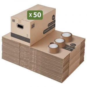 Pack and Move - Lot 50 cartons d&eacute;m&eacute;nagement stockage standard - 60 x 30 x 30 cm - Poign&eacute;es renforc&eacute;es - 1 adh&eacute;sif offert