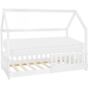 ML-Design Lit Cabane Enfant 80x160 cm Blanc avec Matelas, Protection Contre la Chute, Toit et Sommier &agrave; Lattes, en Bois de Pin Massif, Style Maison,