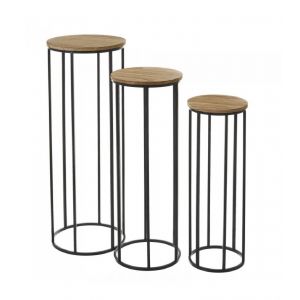Wadiga Set de 3 sellettes rondes en métal noir et plateaux en bois